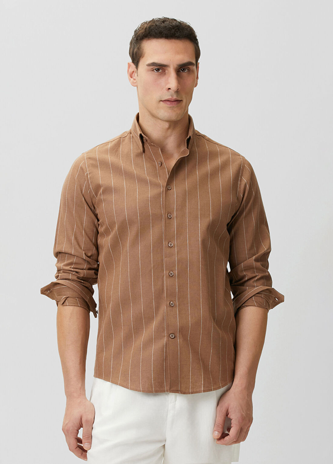 Network Slim Fit Kahverengi Çizgili Keten Gömlek görsel 3