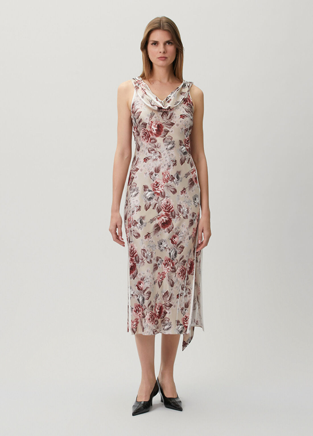 Acne Studios Bej Çiçekli Drapeli Midi Elbise