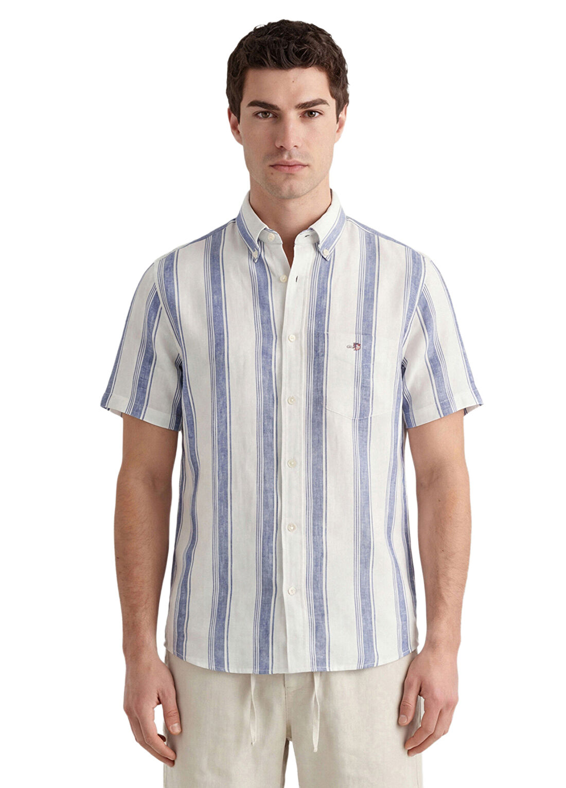 Gant Mavi Çizgili Regular Fit Kısa Kollu Erkek Gömlek