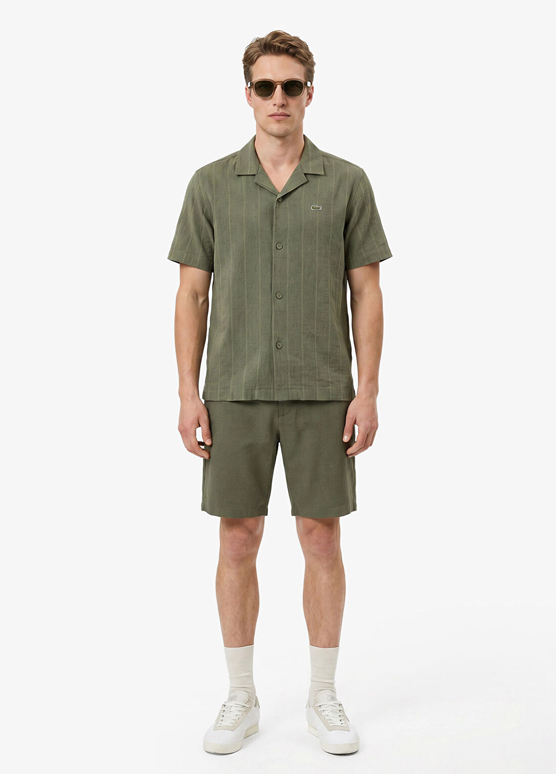 Lacoste Haki Çizgili Pamuklu Relaxed Fit Kısa Kollu Erkek Gömlek görsel 4