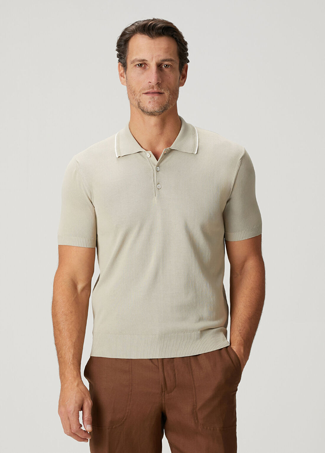 Canali Bej Polo Yaka Kısa Kollu Triko