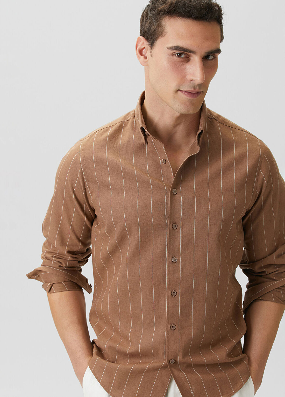 Network Slim Fit Kahverengi Çizgili Keten Gömlek