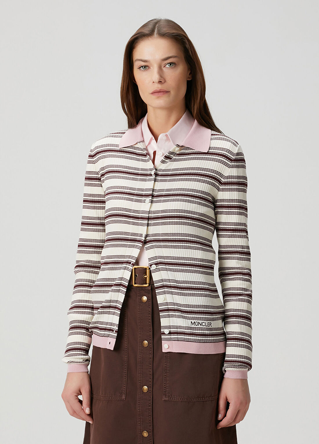 Moncler Bordo Beyaz Çizgili Polo Hırka