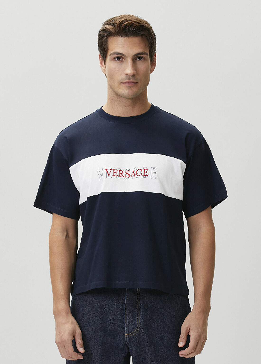 Versace Intarsia Lacivert Logo Nakışlı T-shirt