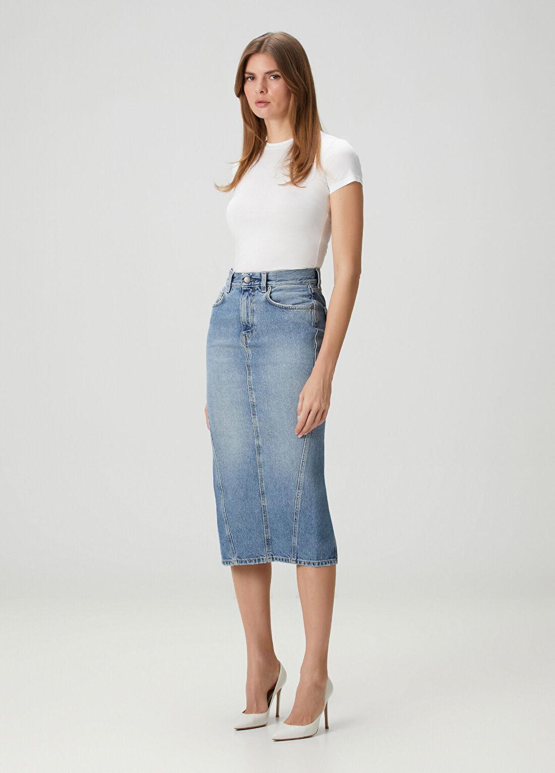 Haikure Mavi Midi Denim Etek