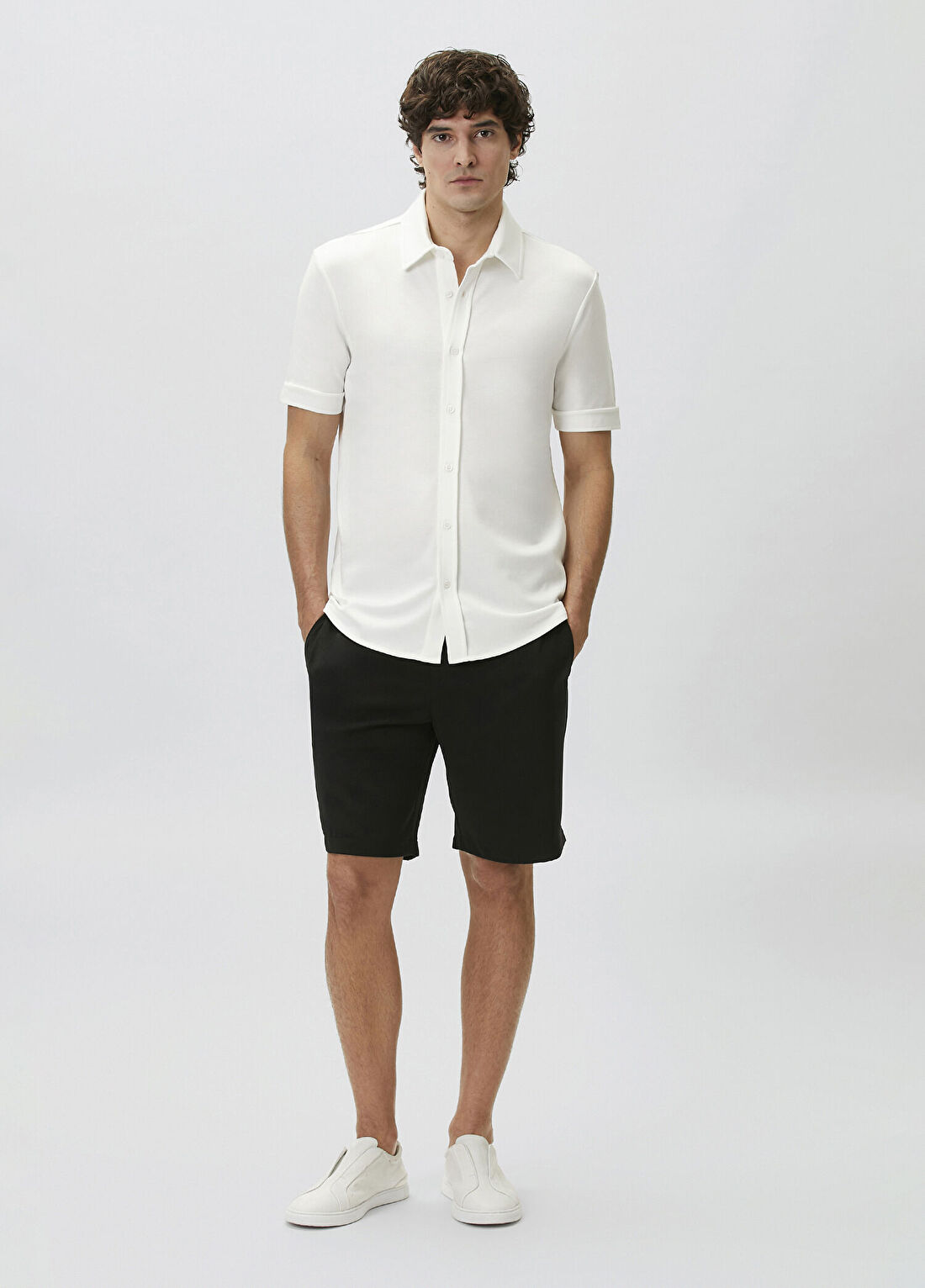 Network Slim Fit Kırık Beyaz Kısa Kol Örme Gömlek görsel 3