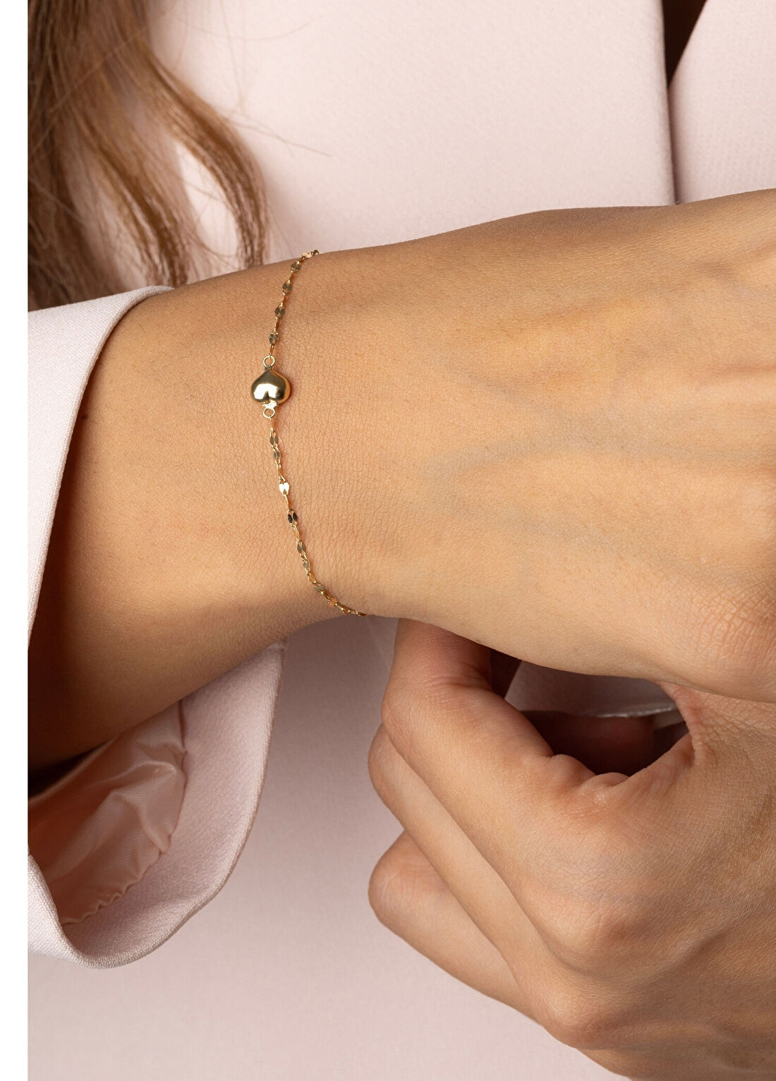 Safir Mücevher Lovely Kalpli Işıltılı 14 Ayar Altın Unisex Zincir Bileklik görsel 4
