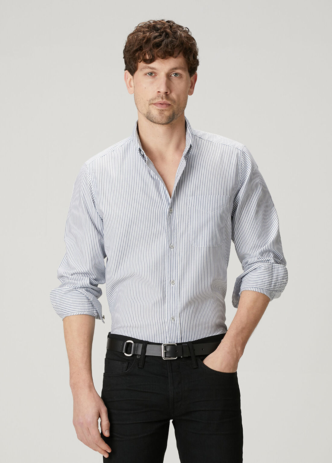 Tom Ford Slim Fit Mavi Çizgi Desenli Oxford Gömlek