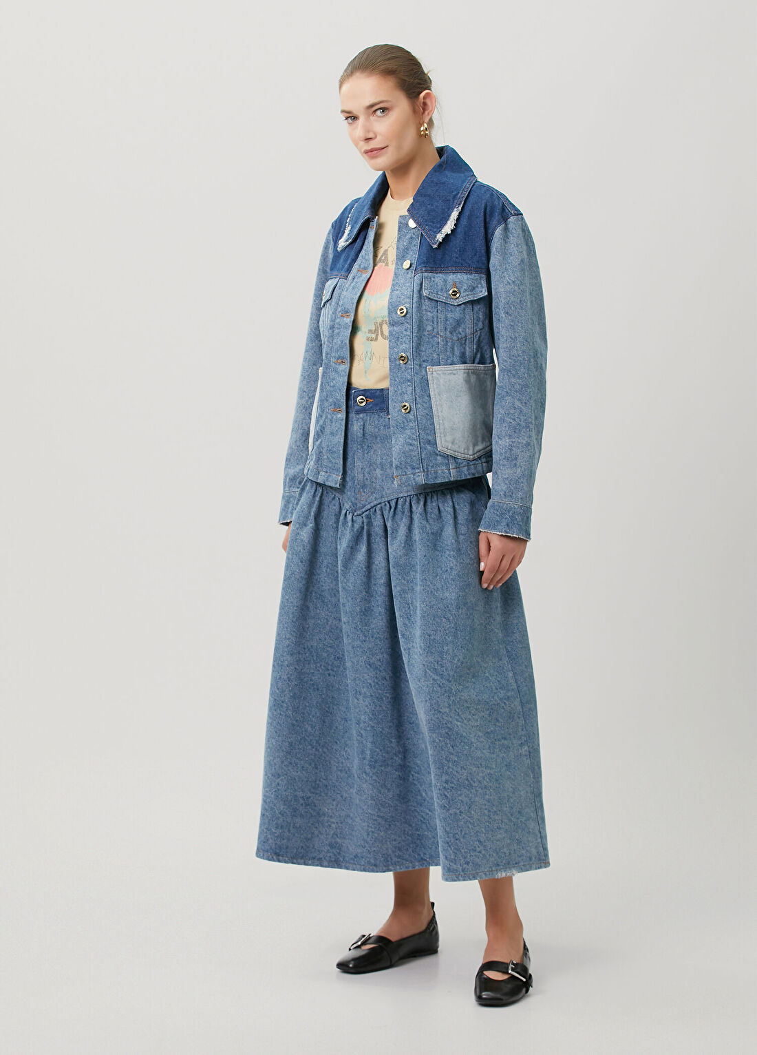 Ganni Mavi Patchwork Denim Ceket görsel 2