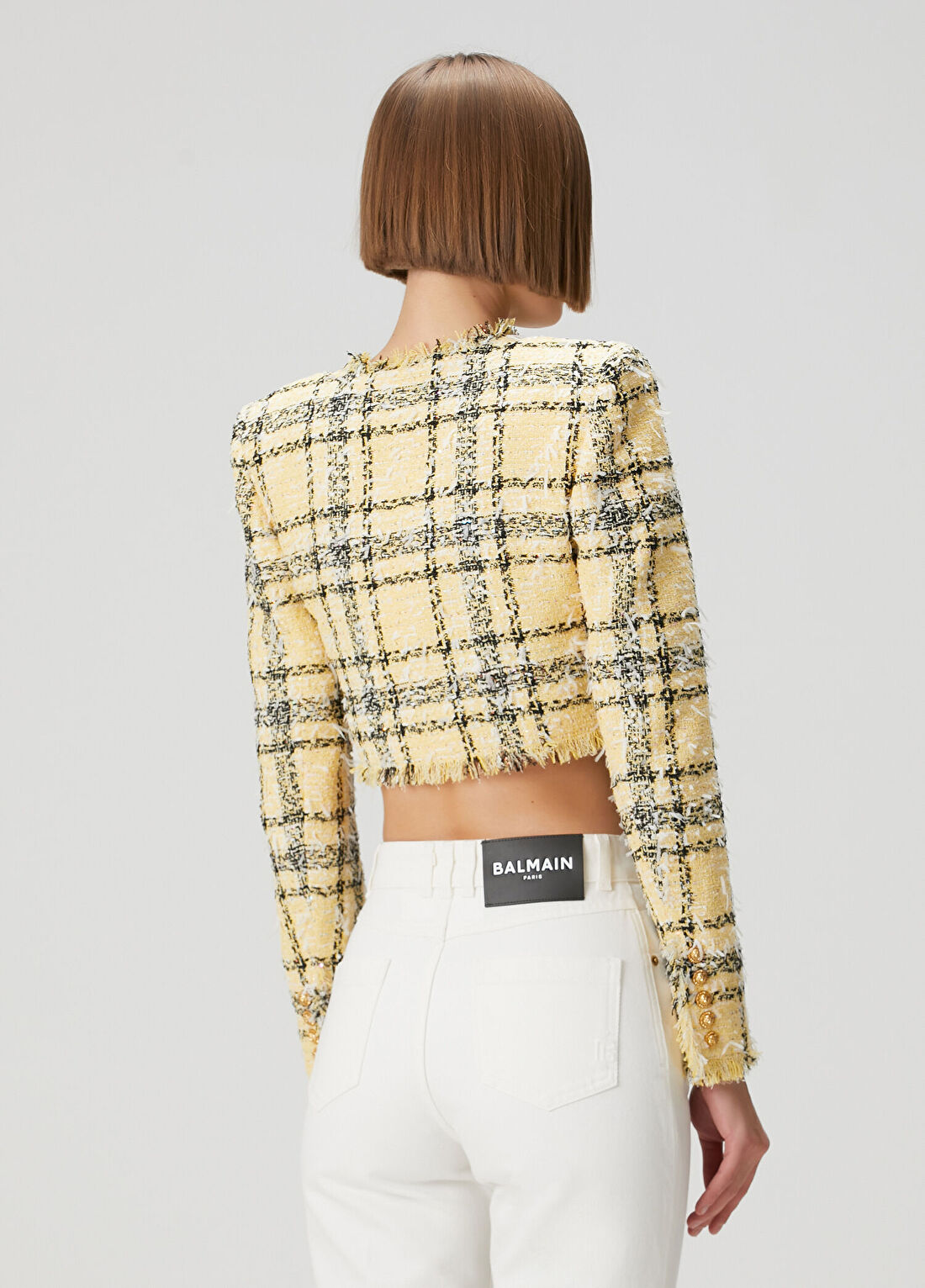 Balmain Sarı Ekoseli Crop Tweed Ceket görsel 4