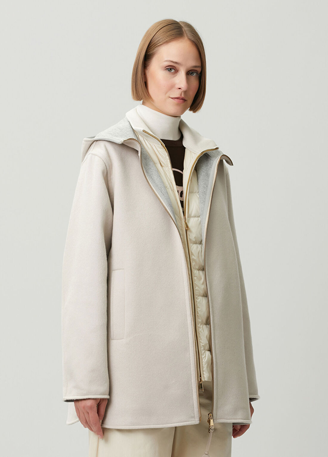 Moncler Hemiptere Bej Kapüşonlu Yün Kaban
