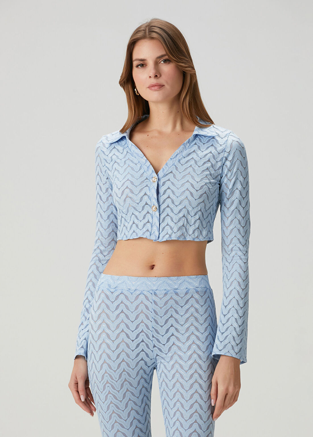 Luna B Whisper Mavi Crop Dantel Bluz