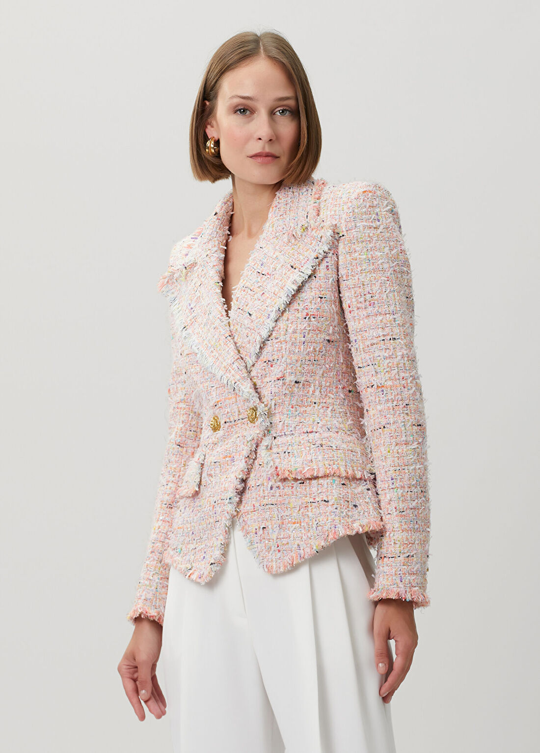 Balmain Pembe Kruvaze Tweed Ceket