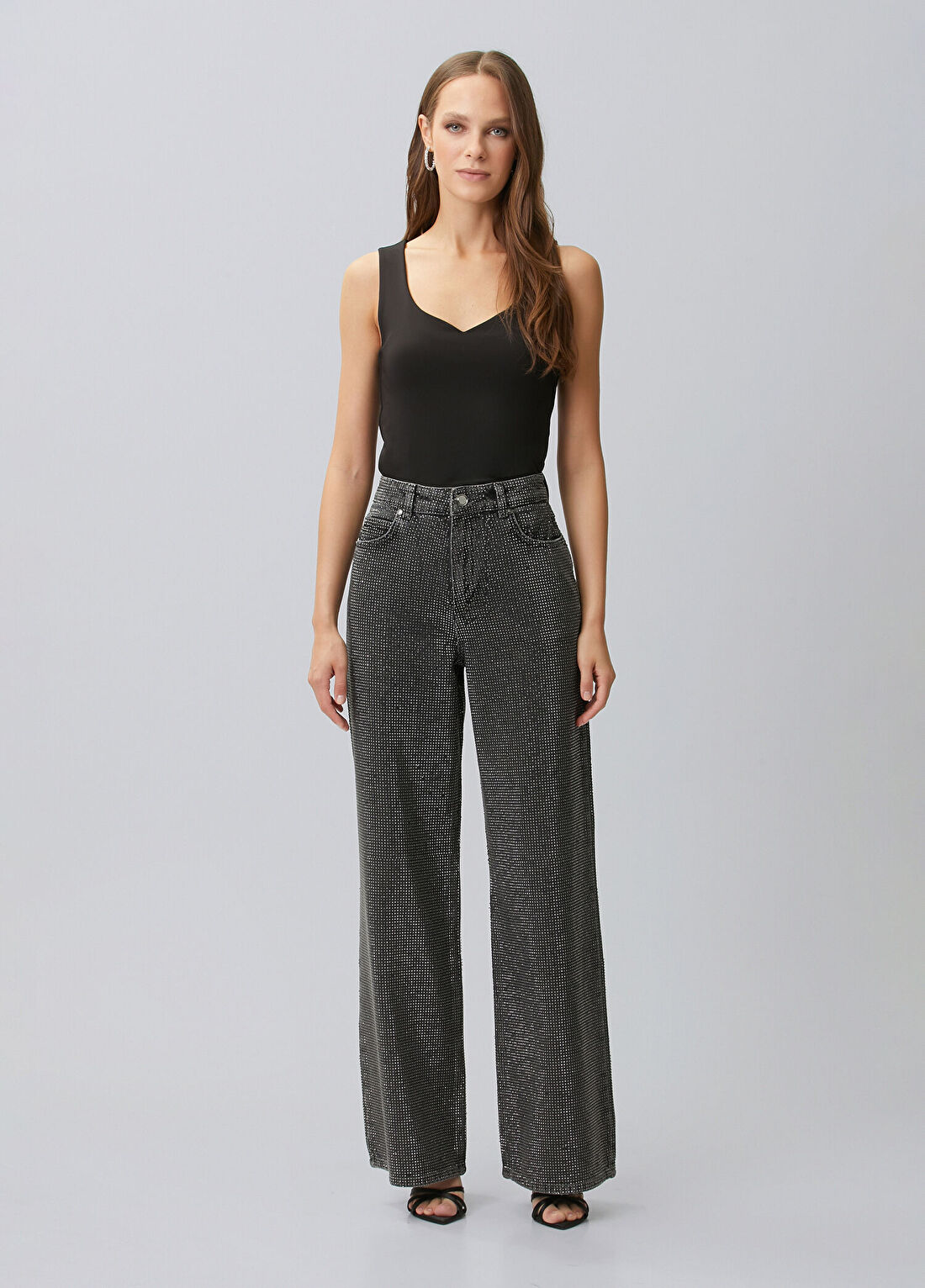 Network Antrasit Wide Leg Taş Baskılı Denim Pantolon