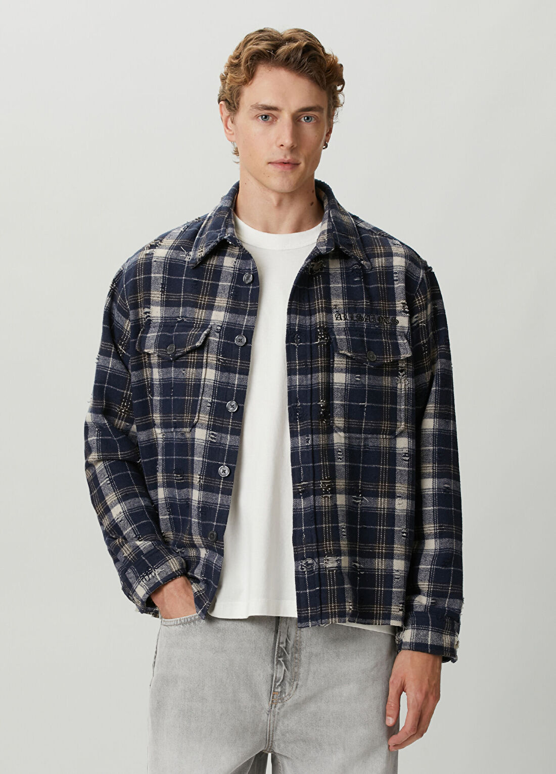 AllSaints Rei Lacivert Ekose Desenli Dış Gömlek