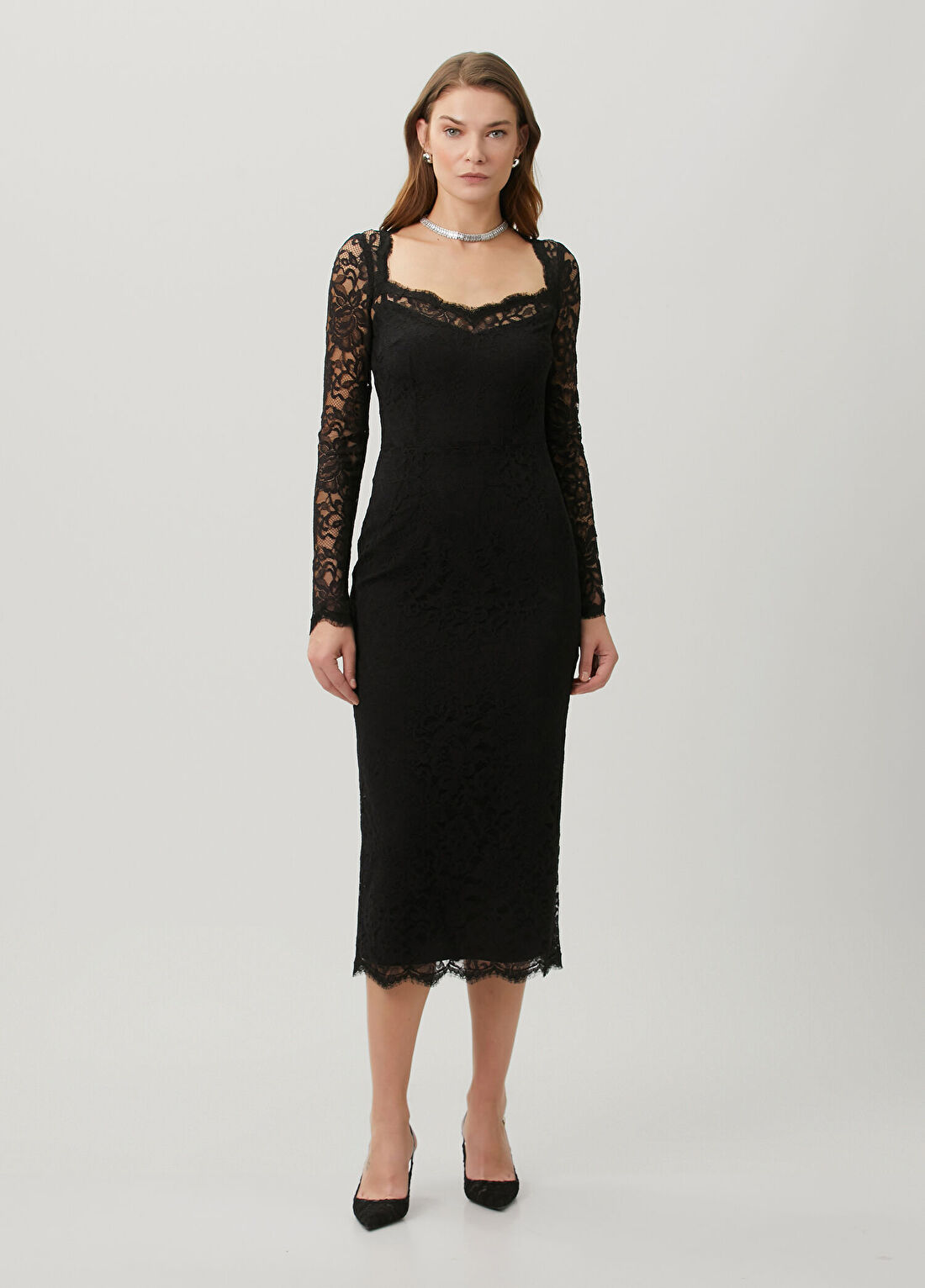 Dolce&Gabbana Siyah Dantelli Midi Elbise