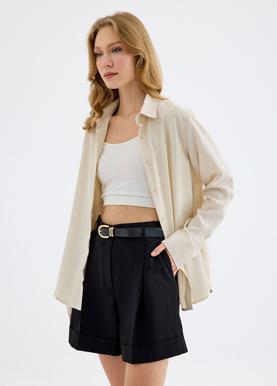 Monlicia Colette Basic Taş Rengi Liyosel Regular Fit Uzun Kollu Kadın Gömlek
