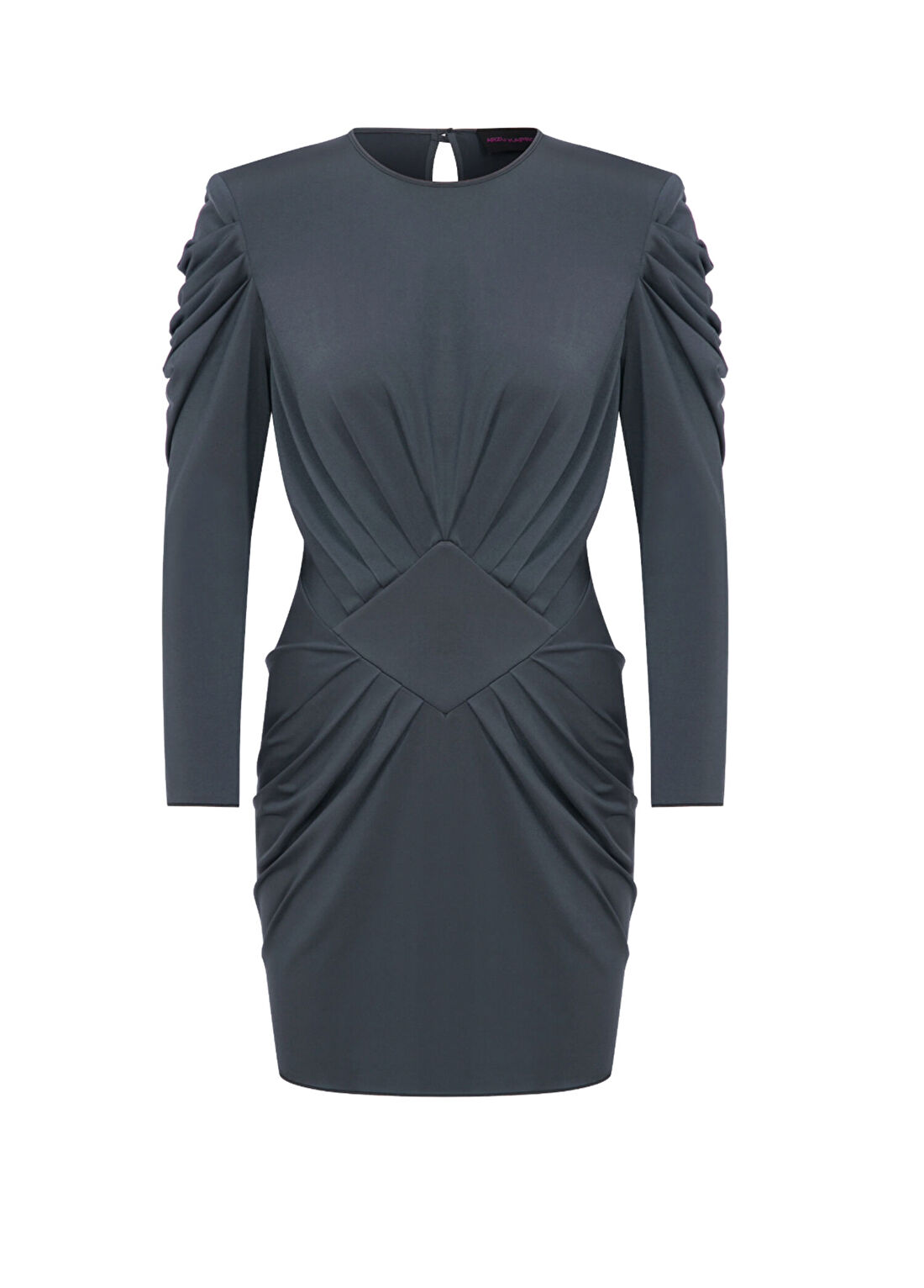 Arzu Kaprol Gri Drape Detaylı Uzun Kollu Kadın Mini Elbise