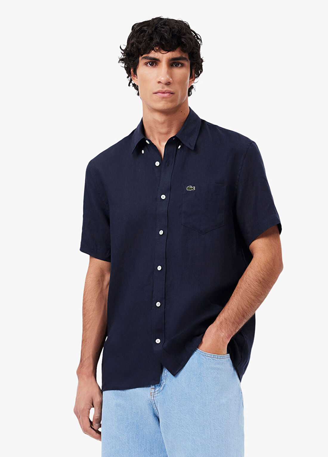 Lacoste Lacivert Keten Düğmeli Yaka Regular Fit Kısa Kollu Erkek Gömlek