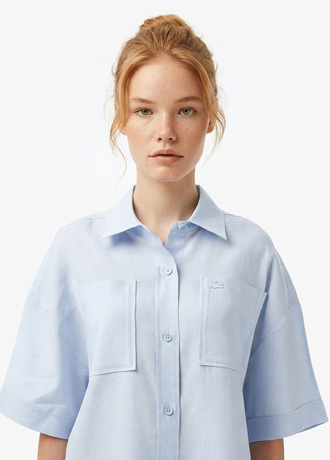 Lacoste Mavi Keten Relaxed Fit Truvakar Kollu Kadın Gömlek görsel 2