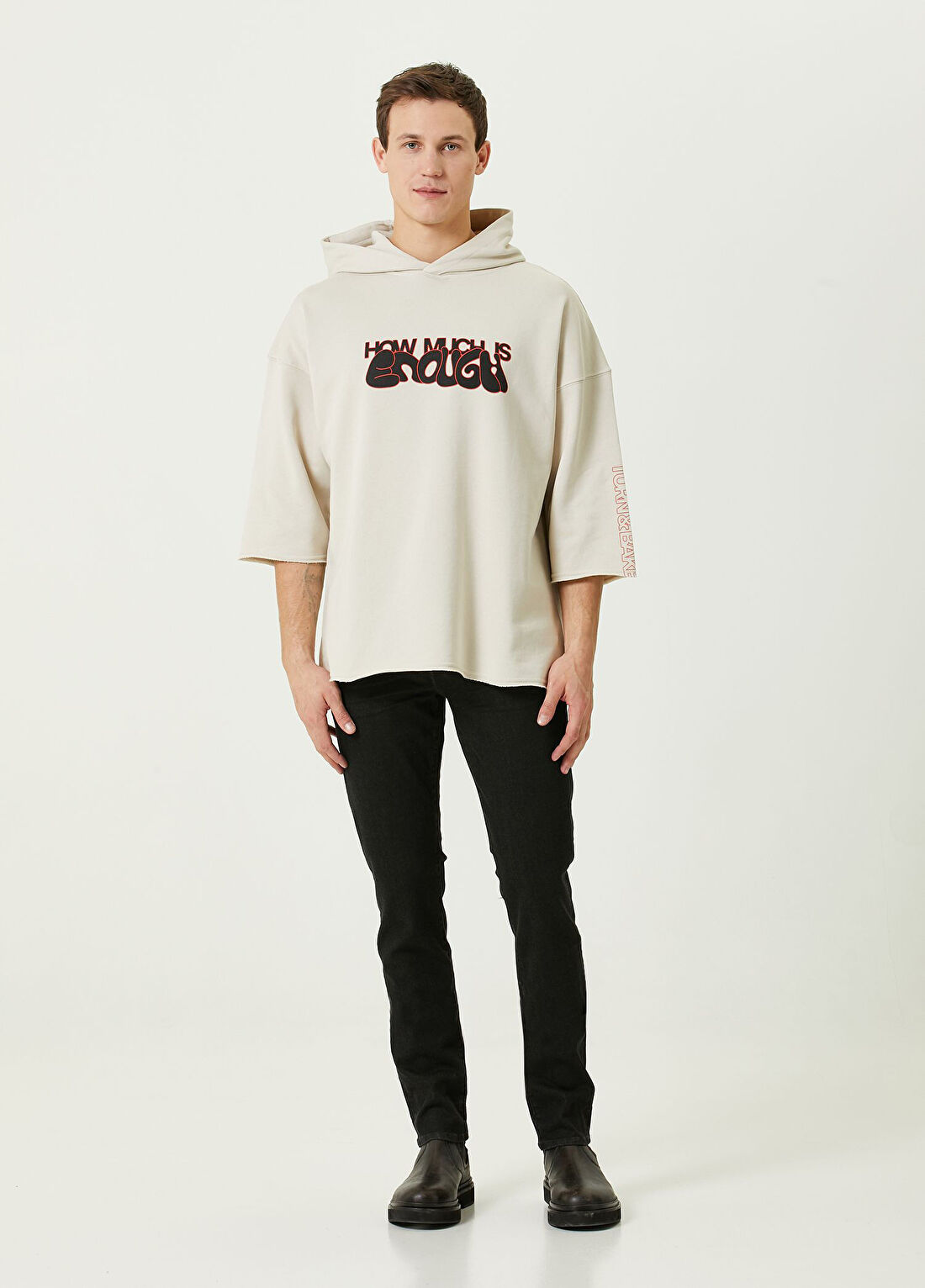 Turn & Bake Enough Bej Yarım Kol Kapüşonlu Erkek Sweatshirt görsel 3
