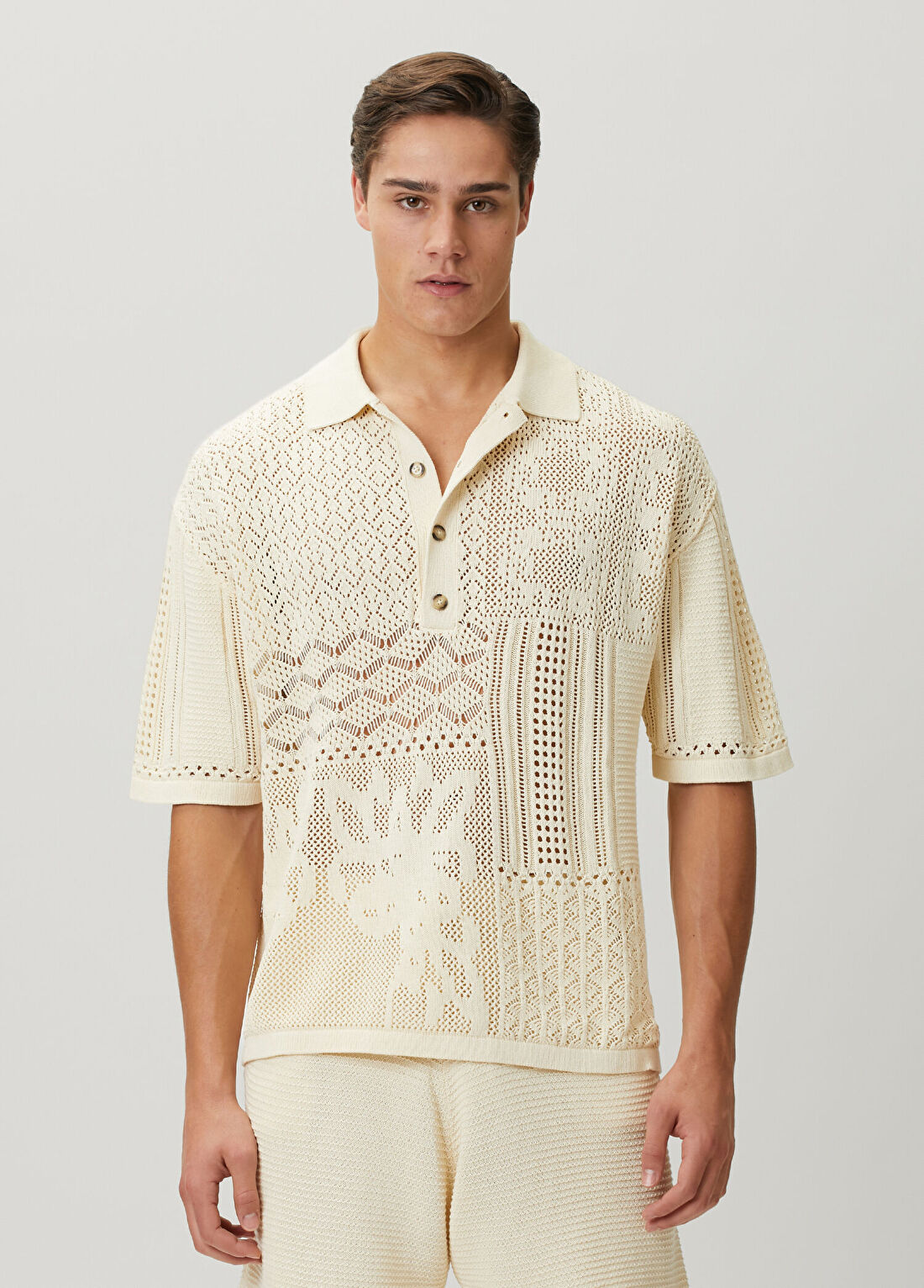 Nanushka Jasim Krem Polo Yaka Kısa Kollu Crochet Triko