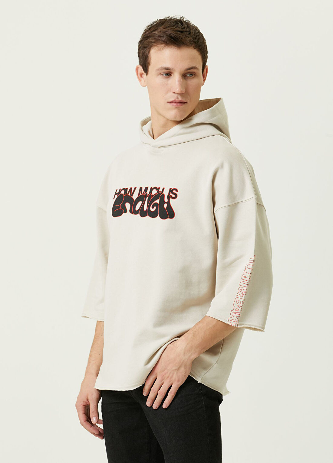 Turn & Bake Enough Bej Yarım Kol Kapüşonlu Erkek Sweatshirt görsel 4