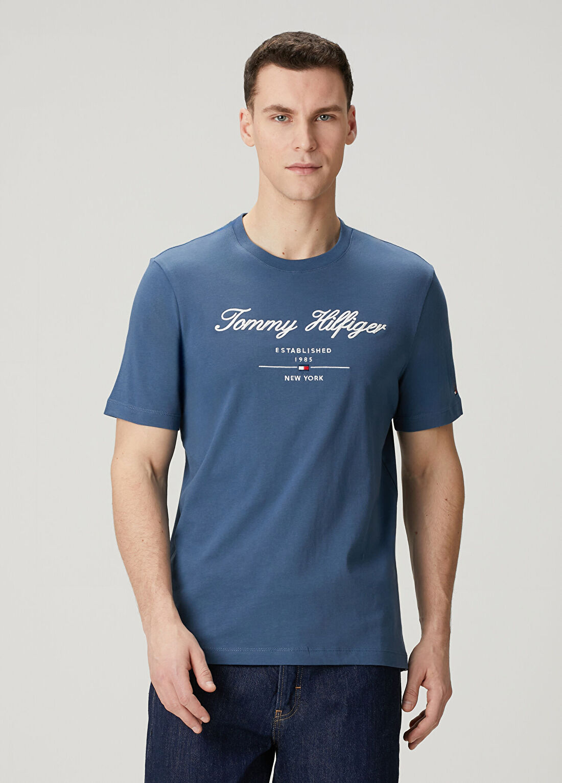 Tommy Hilfiger Mavi Logo Baskılı Basic T-shirt