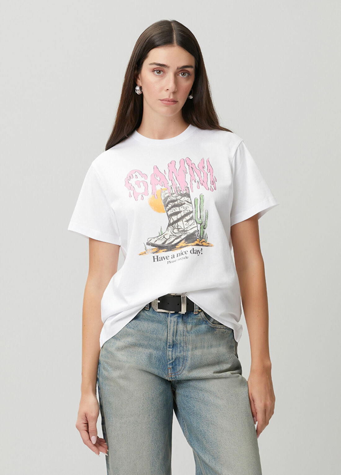 Ganni Beyaz Baskılı T-shirt