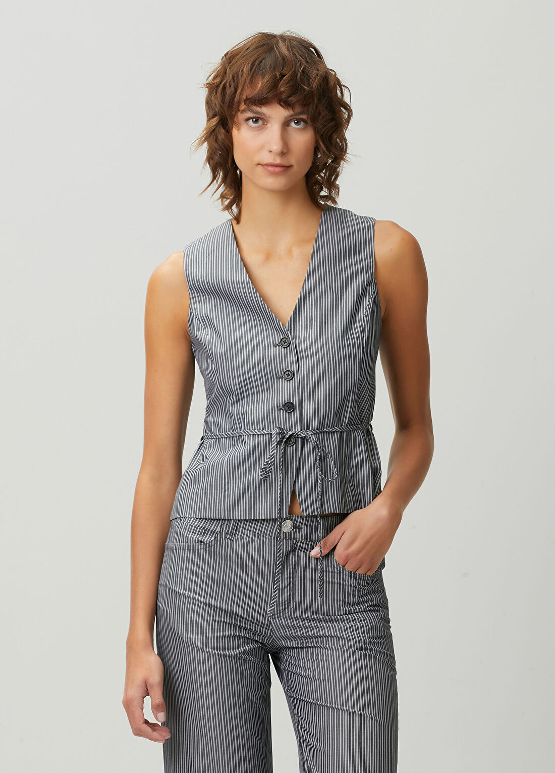 Rag&Bone Paulette Gri Çizgili Poplin Yelek