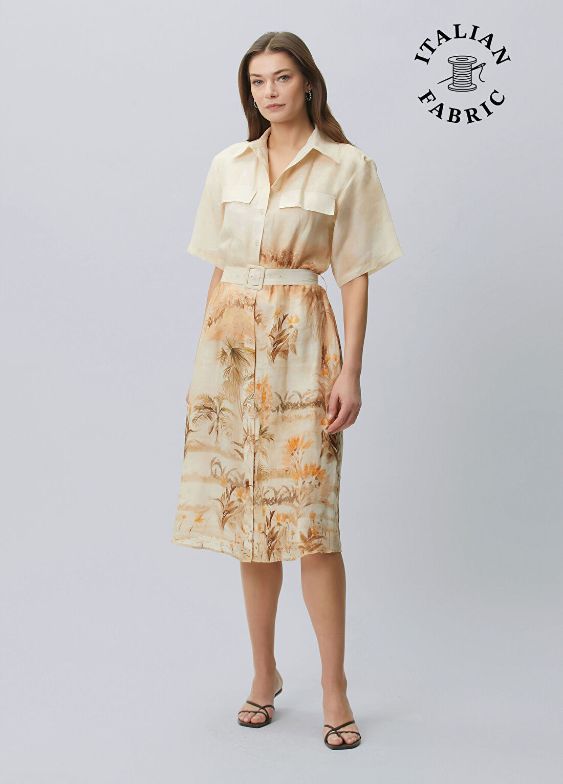 Beymen Collection Bej Palmiye Desenli Keten Gömlek