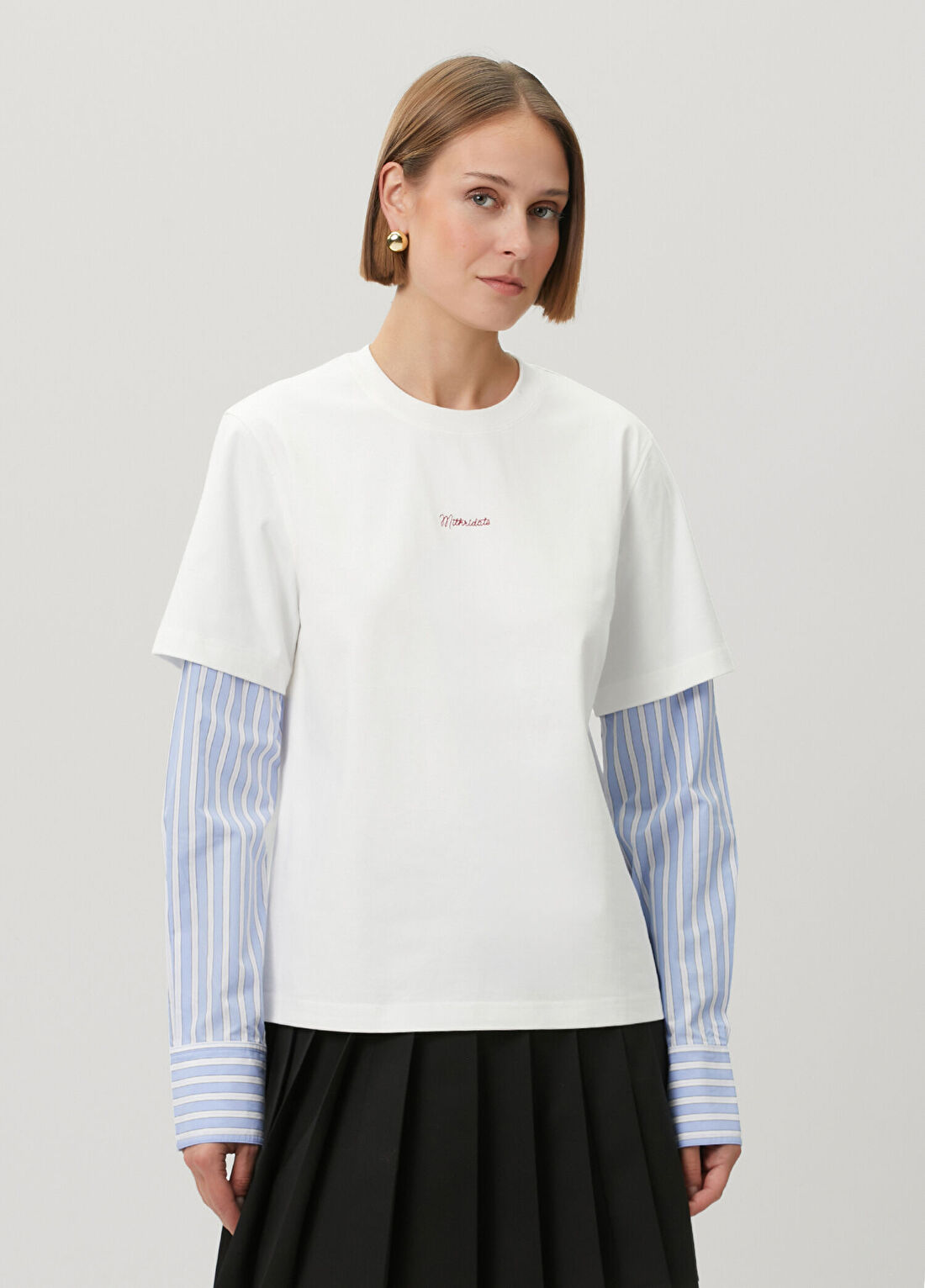 Mithridate Beyaz Mavi Çizgili Uzun Kol T-shirt