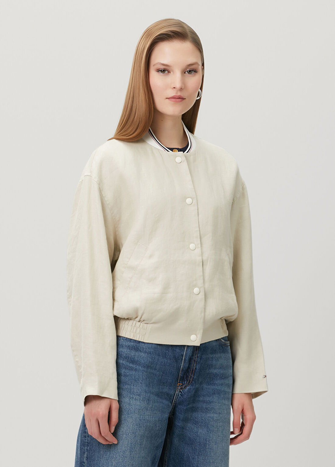 Tommy Hilfiger Bej Keten Bomber Ceket