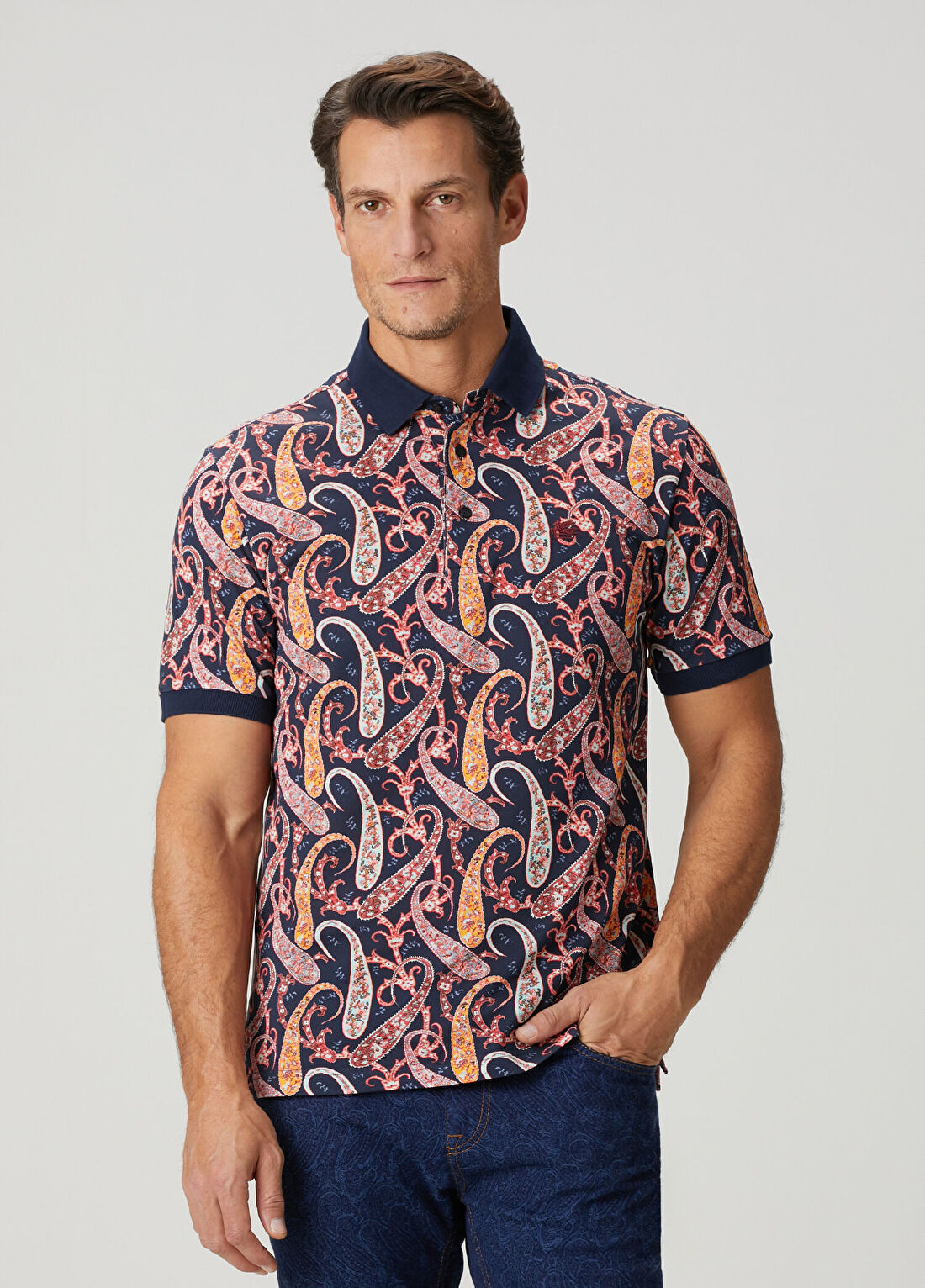Etro Lacivert Polo Yaka Etnik Desenli T-shirt
