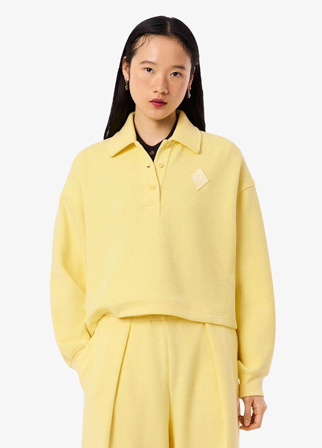 Lacoste Sarı Oversize Fit Polo Yaka Uzun Kollu Kadın Sweatshirt