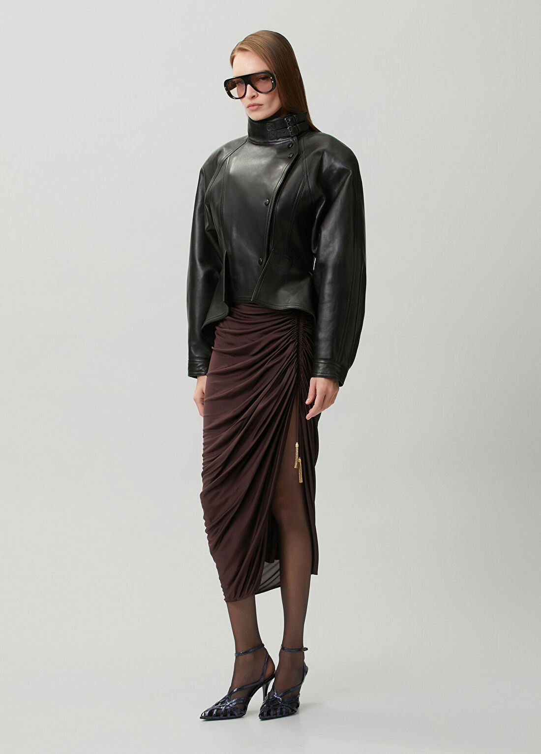 Balmain Koyu Kahverengi Midi Jersey Etek