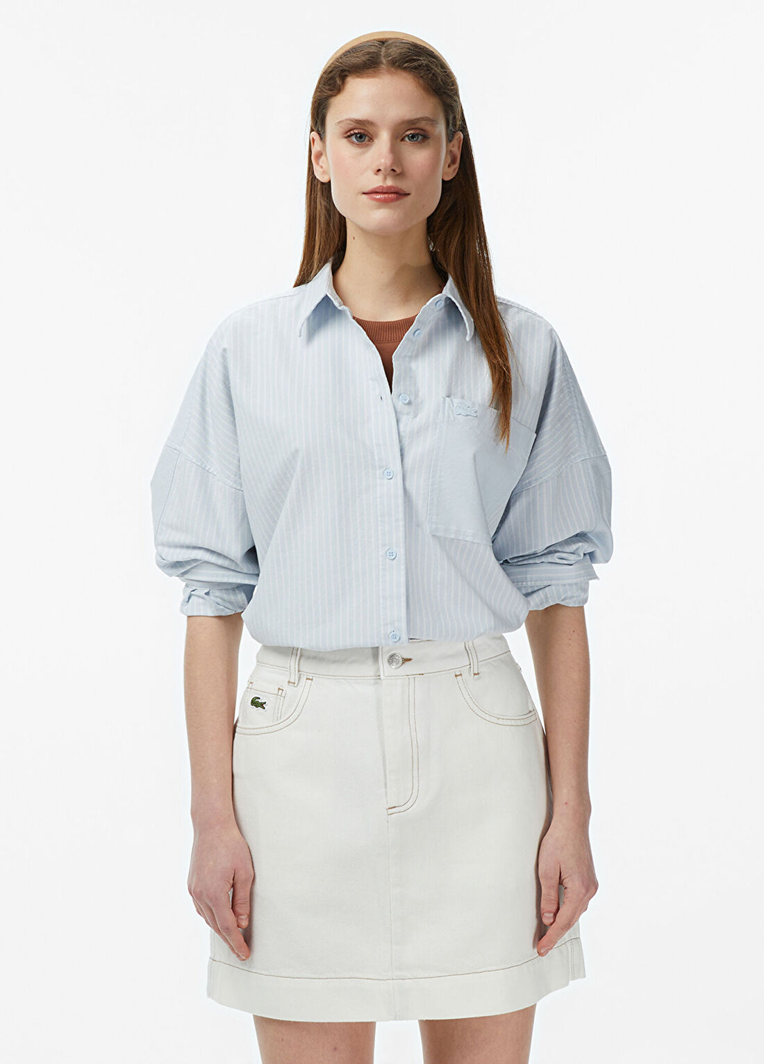 Lacoste Mavi Pamuklu Relaxed Fit Uzun Kollu Kadın Gömlek
