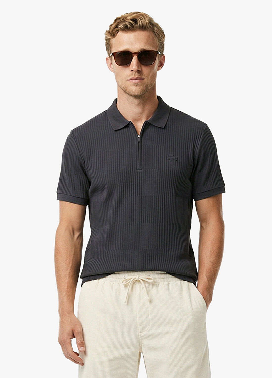 Lacoste Koyu Gri Regular Fit Çizgili Polo Yaka Kısa Kollu Erkek T-Shirt