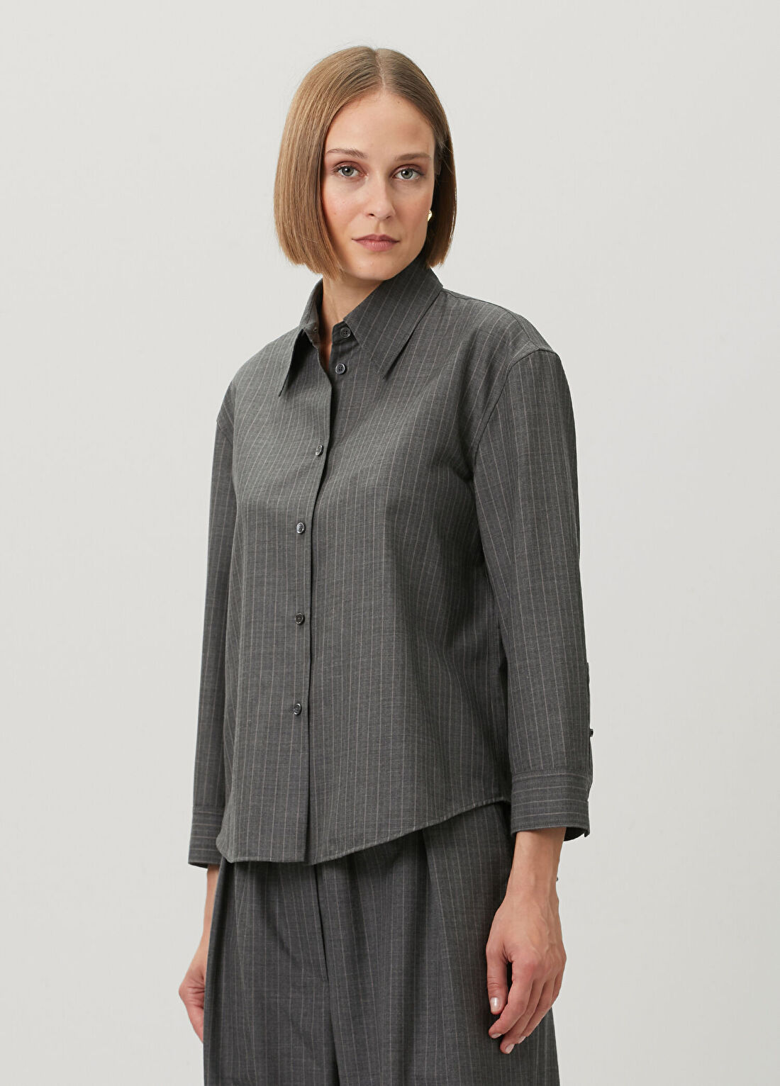 Jil Sander Gri İnce Çizgili Yün Gömlek görsel 4