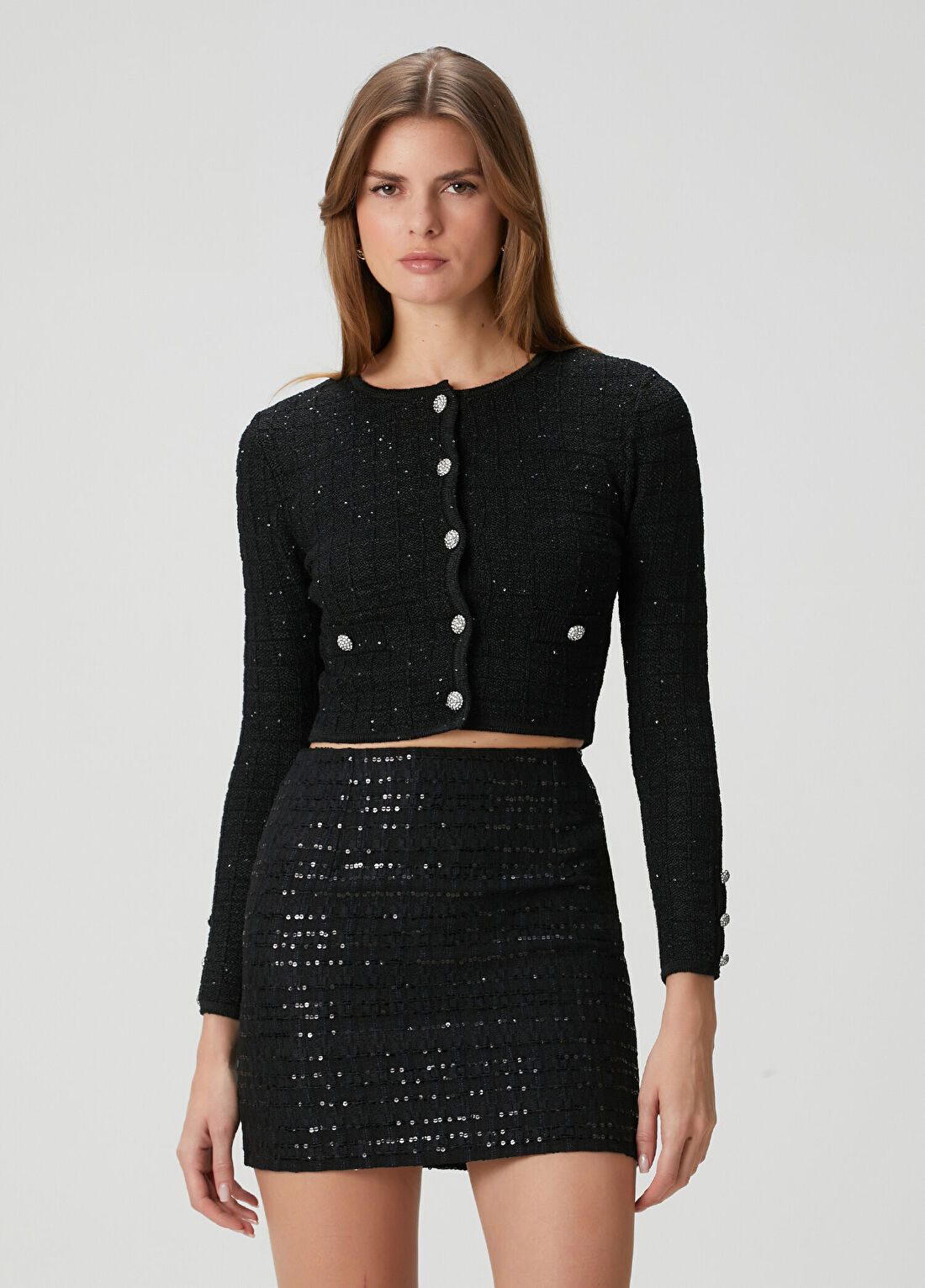 Alessandra Rich Siyah Crop Tweed Hırka