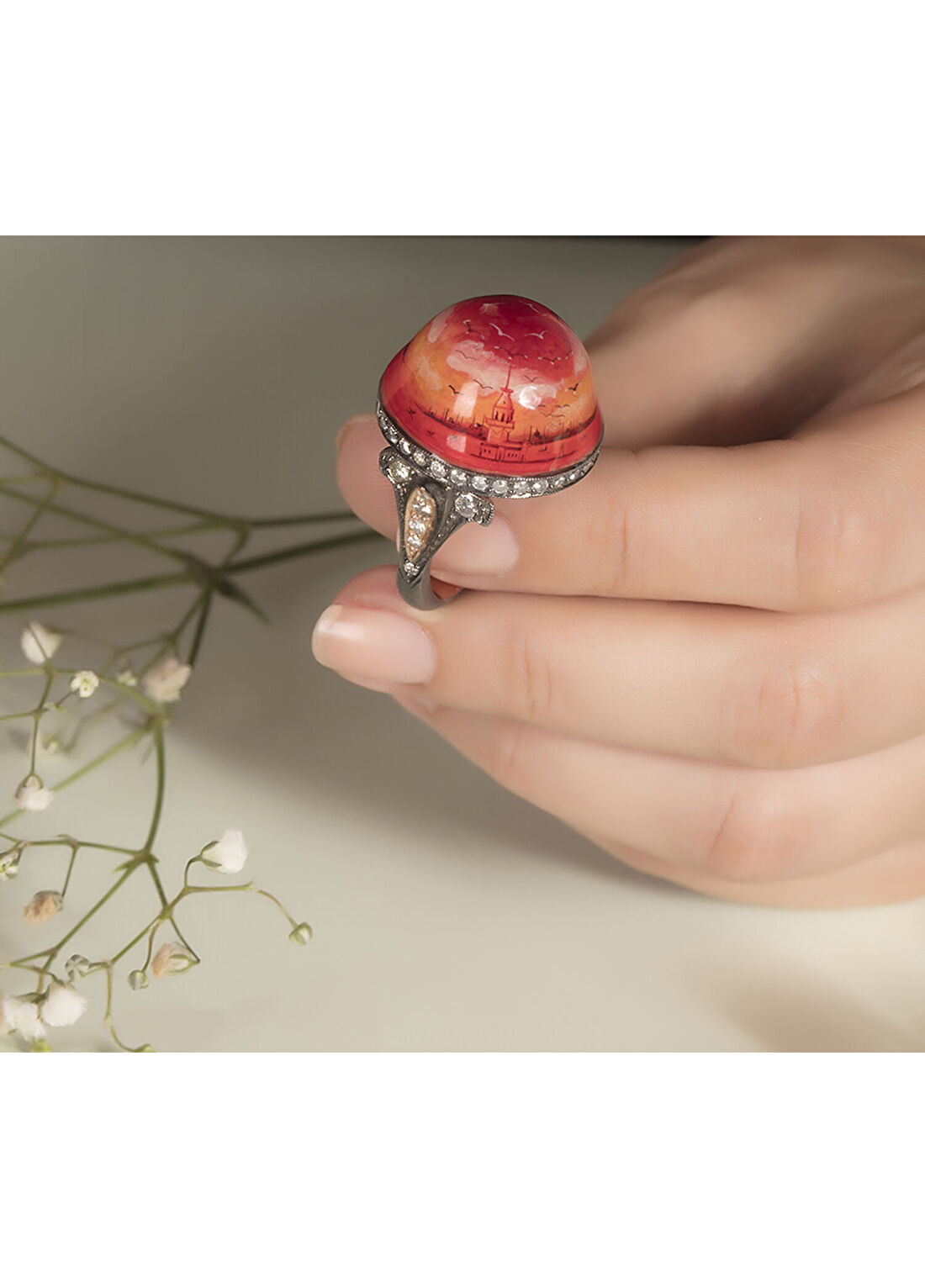 Aspendos Jewellery Istanbul Gün Batımı Detaylı Kubbe Pırlanta Taşlı 8 Ayar Altın Kadın Yüzük görsel 2