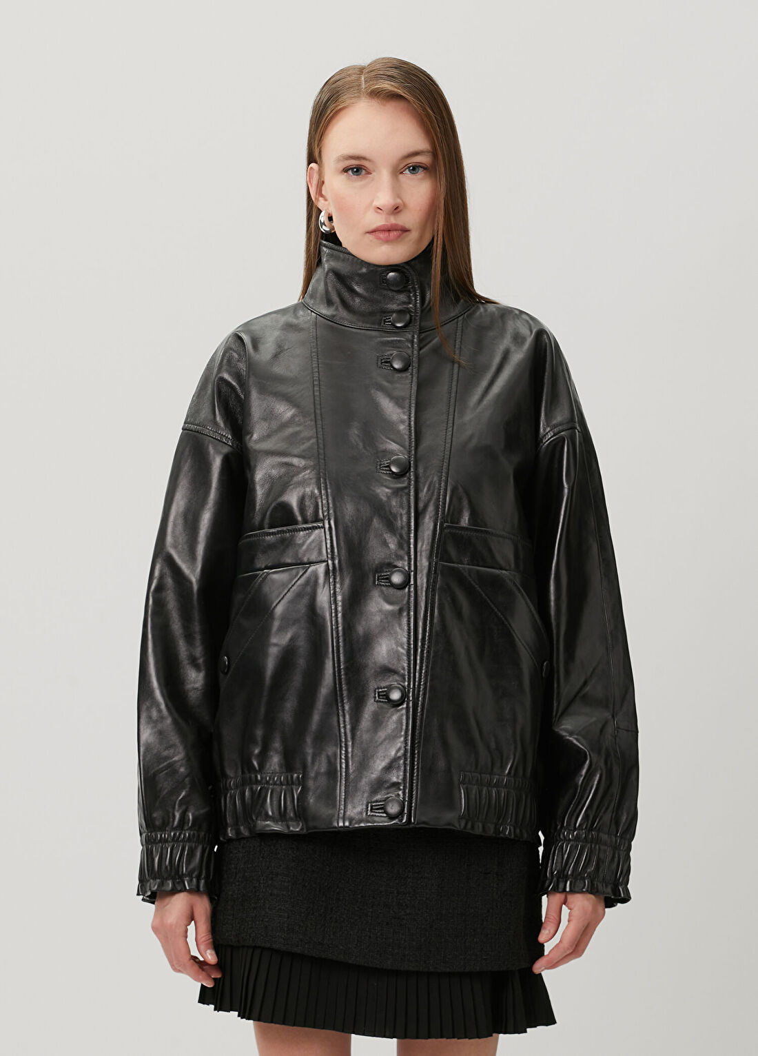 Sandro Kim Oversized Siyah Deri Ceket görsel 3