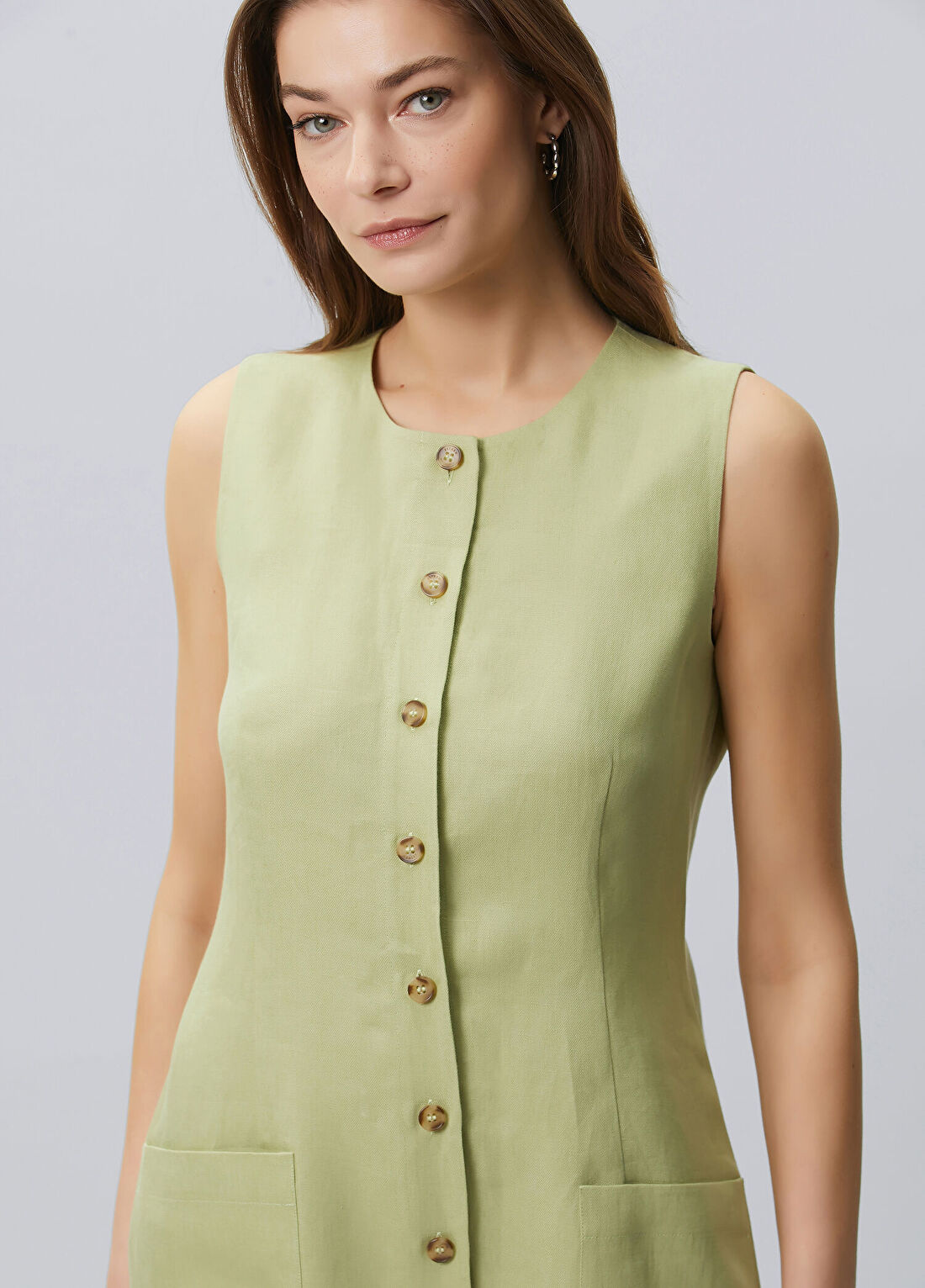 Beymen Collection Yeşil Önü Düğmeli Mini Keten Elbise görsel 2