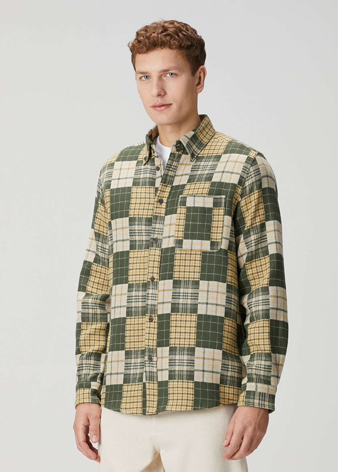 Les Deux Kent Haki Bej Patchwork Ekose Desenli Gömlek görsel 3