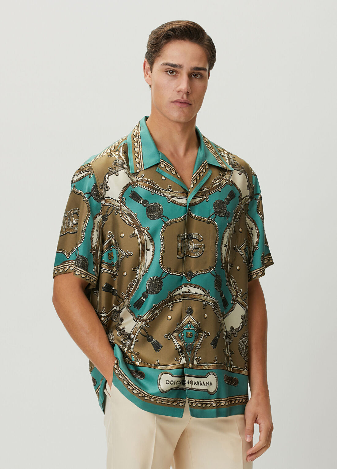 Dolce&Gabbana Yeşil Logo Desenli Kısa Kollu İpek Gömlek