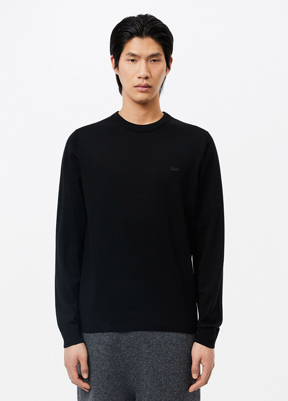 Lacoste Siyah Yün Bisiklet Yaka Regular Fit Uzun Kollu Erkek Triko Kazak