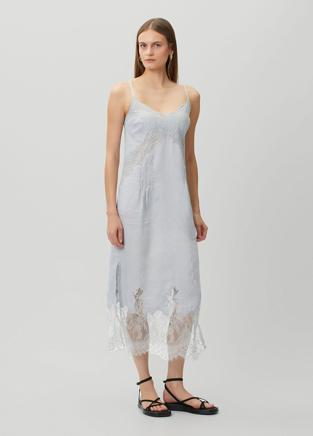 AllSaints Samia Açık Mavi Midi Keten Elbise görsel 3