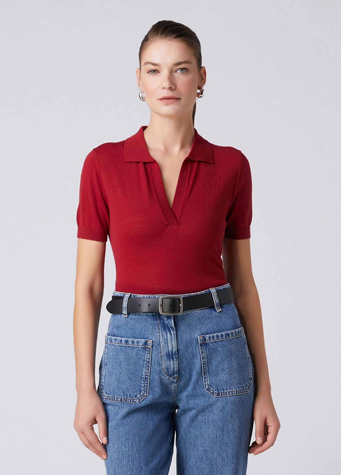Beymen Collection Vişne Kısa Kol Yün Polo Triko