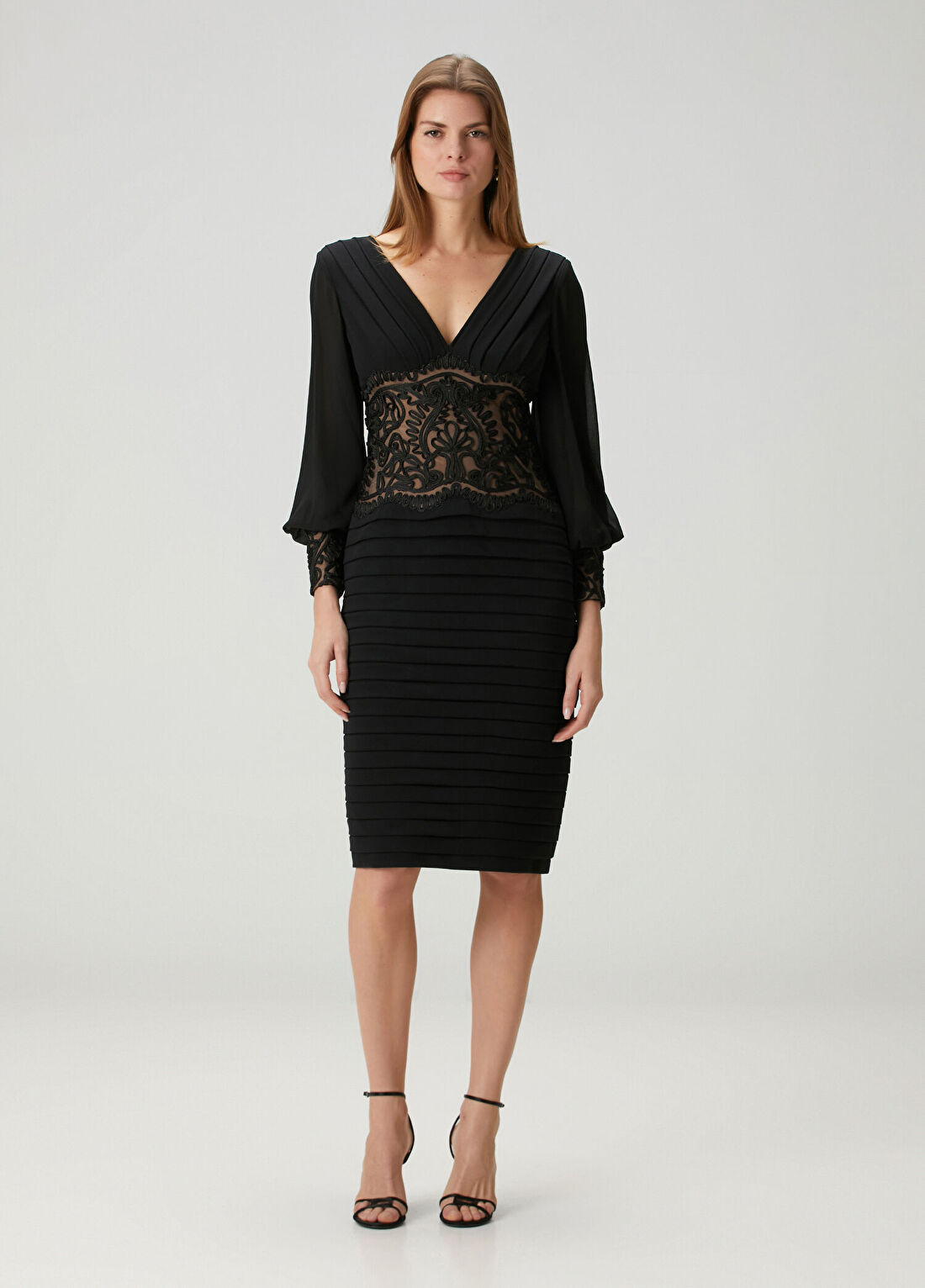 Tadashi Shoji Niema Siyah Midi Kokteyl Elbise