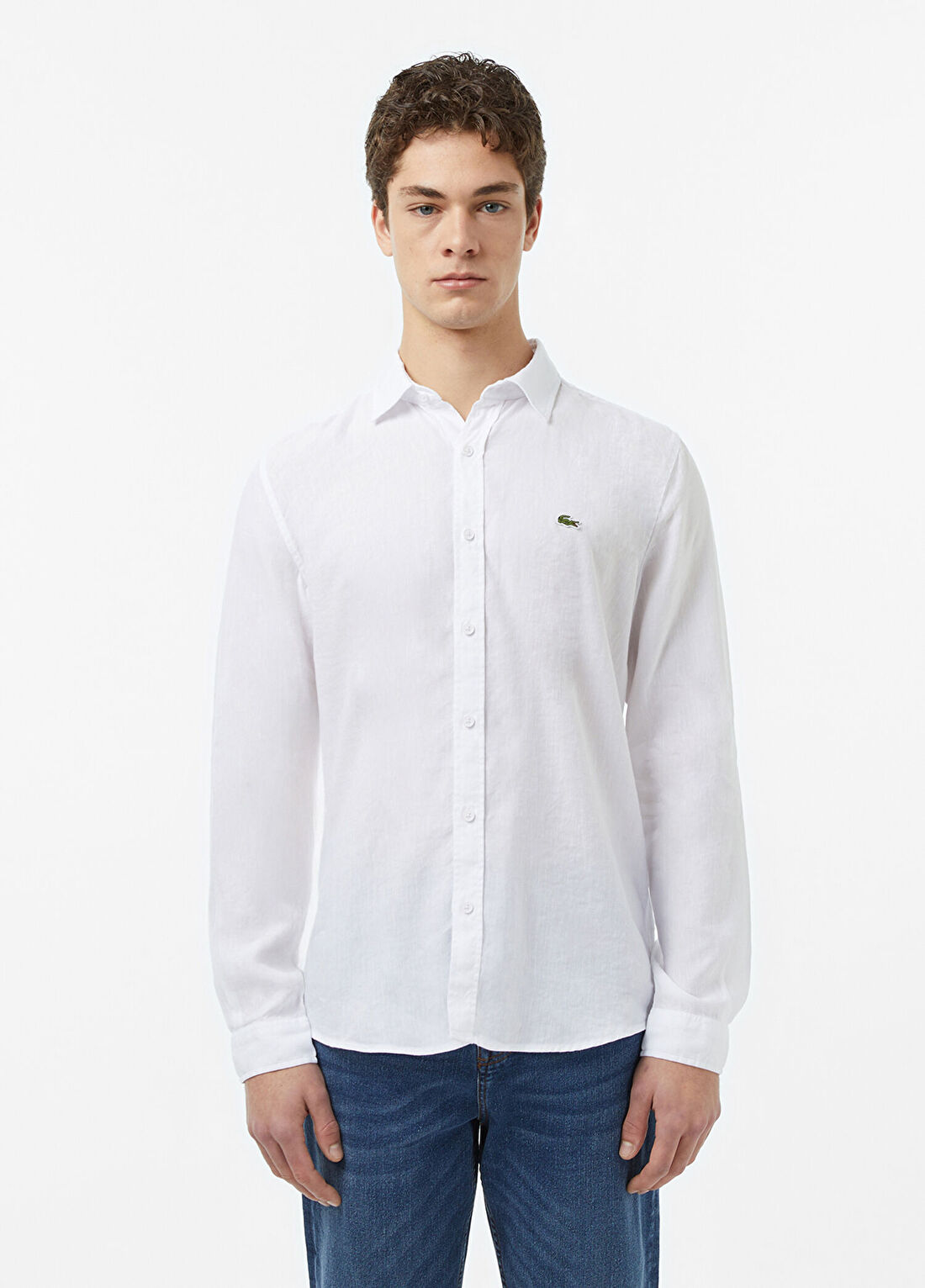 Lacoste Beyaz Keten Slim Fit Uzun Kollu Erkek Gömlek